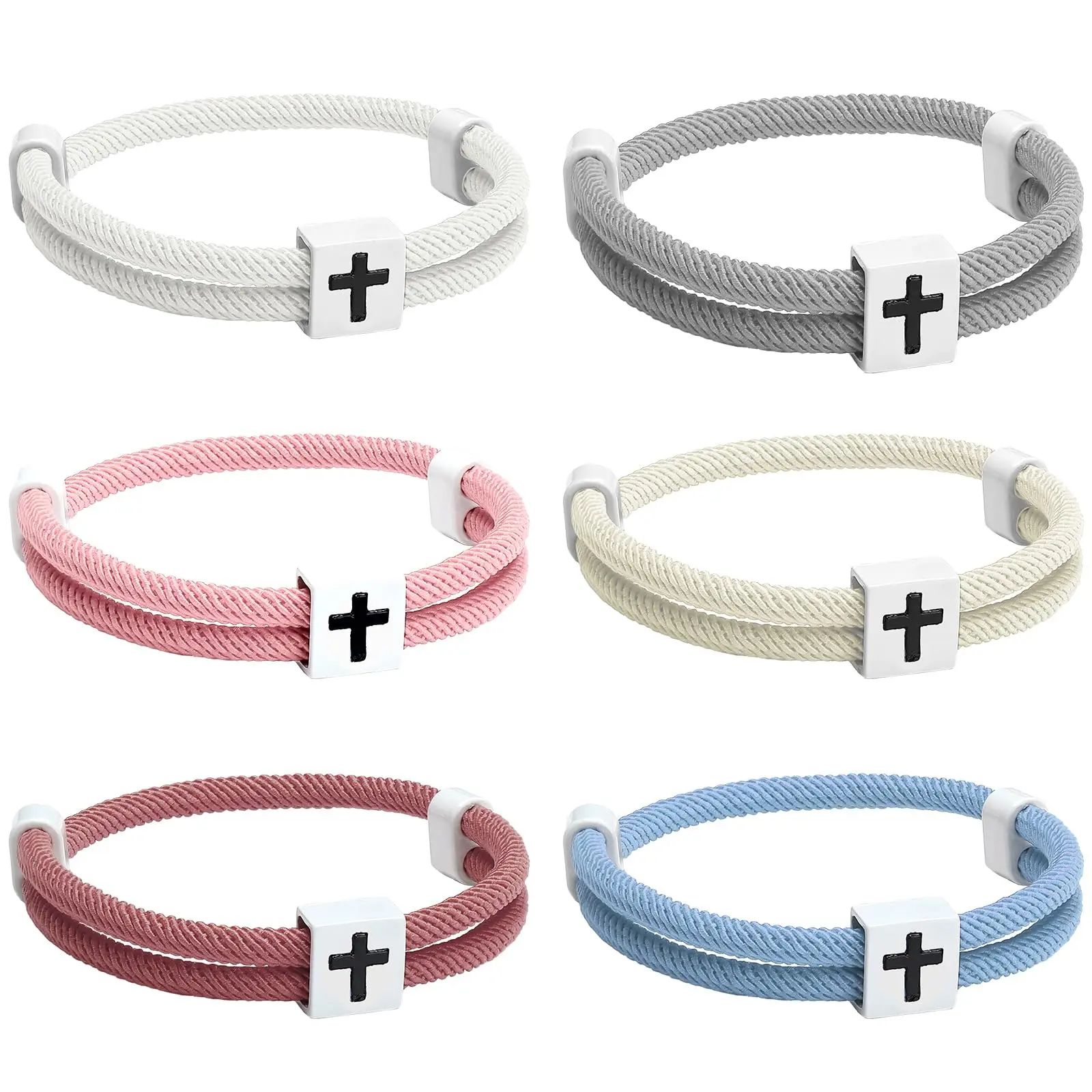 6Pcs Adjustable Rope Cross Bracelets Christian Gift for Women Men Teens Back to School Religious Gifts Braided Cross Wristbands Set Colorful Gift for VBS Summer Church Camp Back to school Sunday School Rewards Party Favor
