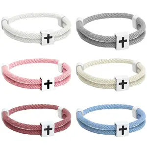 6Pcs Adjustable Rope Cross Bracelets Christian Gift for Women Men Teens Mother’s Day Teacher Appreciation Religious Gifts Braided Cross Wristbands Set Colorful for Church Party Favor End of School Year Sunday School Prizes