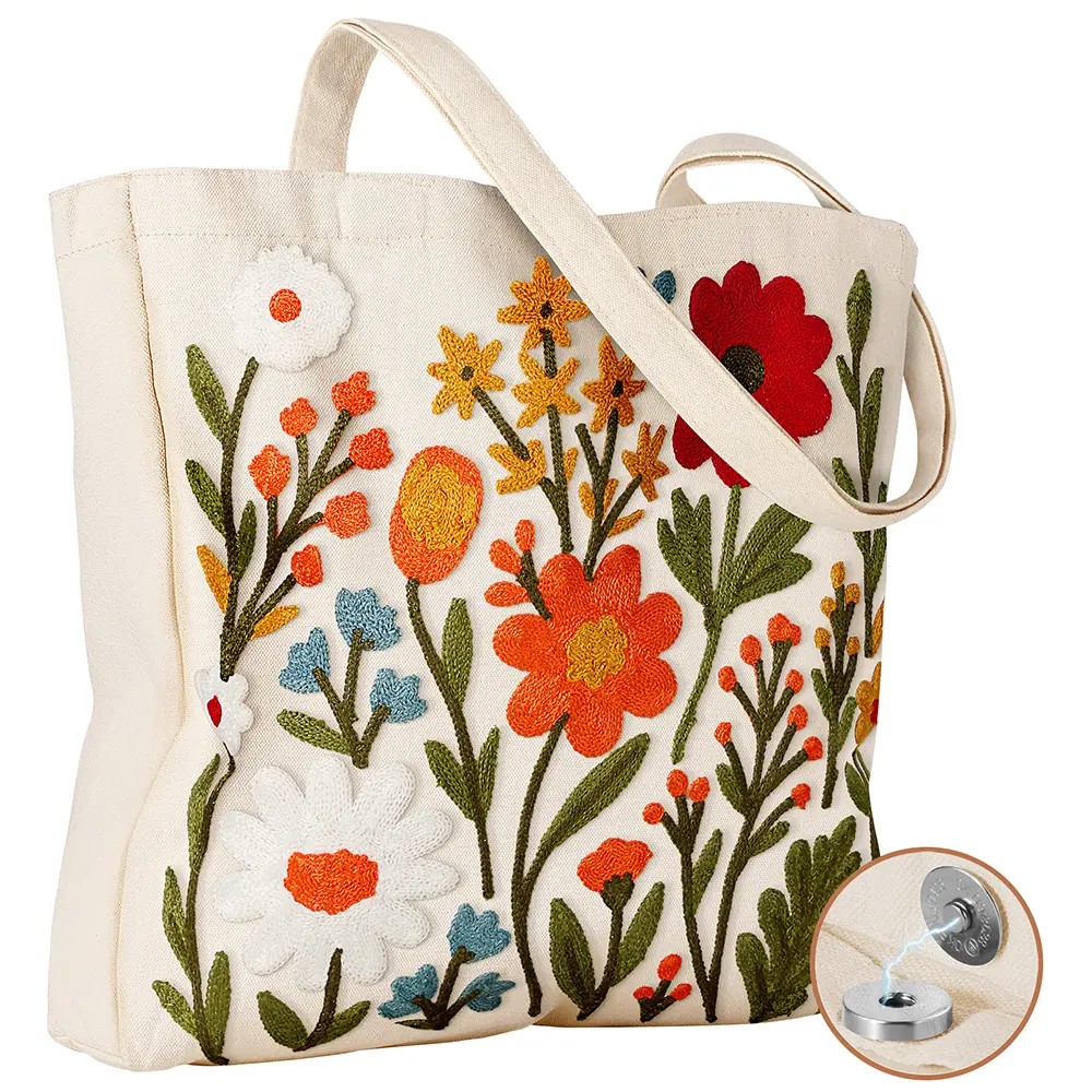 Miss Adola Women's Machine Washable Watercolor Flower Embroidery Canvas Tote Bag - Reusable Casual Work Shoulder Bag with Magnetic Buckle for Shopping, Tote Bags