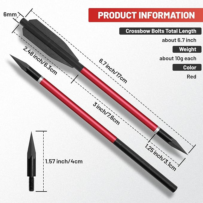 6.7" Aluminum Crossbow Bolts 5 Bright Colors, Replaceable Tips for 50-60 lb Crossbows - Target Practice & Small Game Hunting, Adult Use