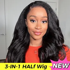[3 In 1 Half Wig] OQ HAIR Kinky Straight Half Wig Yaki Straight Wavy Easy Wear Go Wig No Glue With Drawstring Invisible Hairline Butterfly Cut Human Hair Glueless Wigs