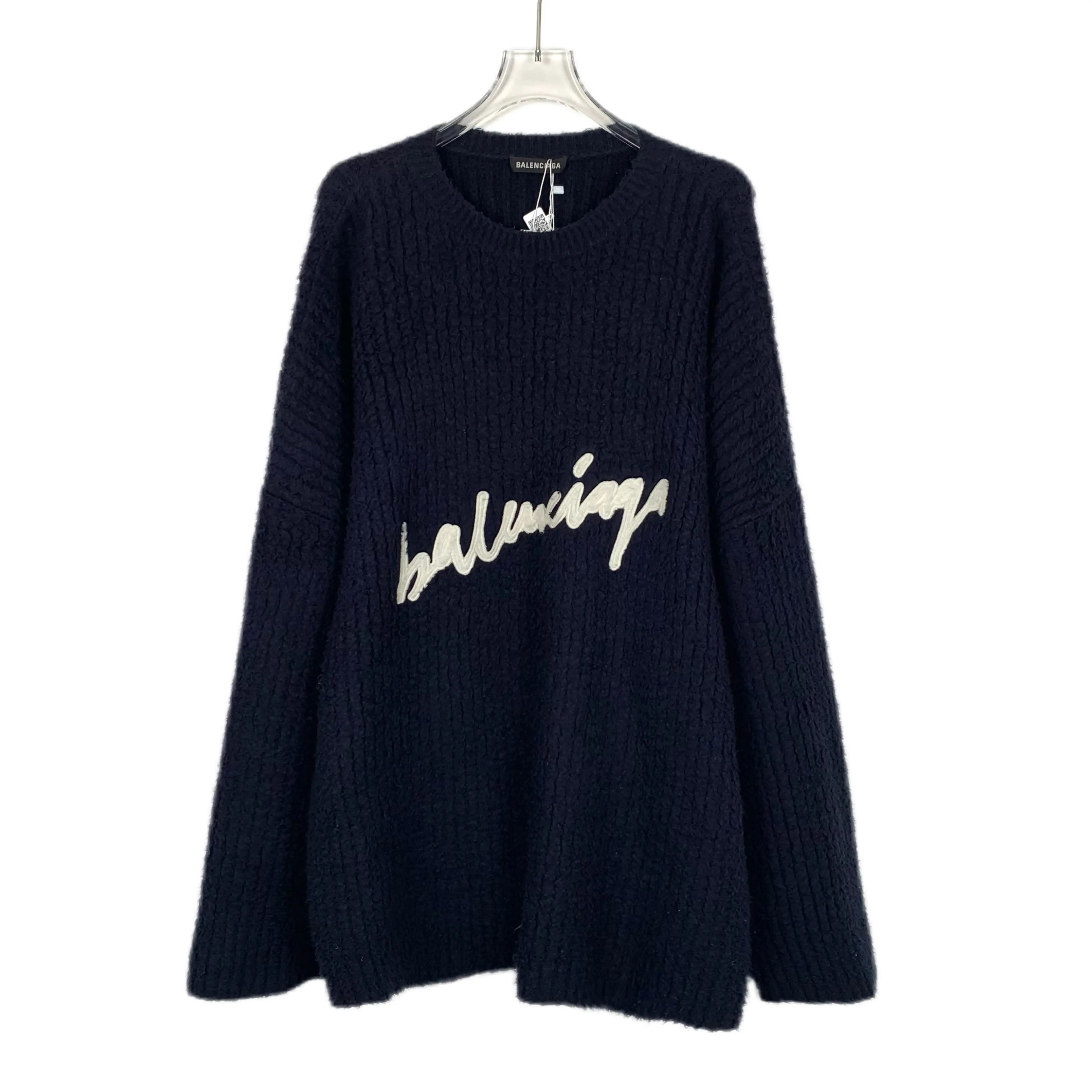RDLT- Balenciaga Navy Logo Embroidered Cotton Crewneck Knit Sweater Size XS