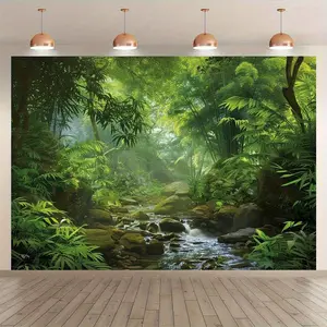 1PC,2D Flat Cross - border Hot - selling Rainforest Stream Rock Green Plant Tapestry, Natural Landscape - themed Wall Hanging, Decoration Cloth for Bedroom & Living Room, Photography Backdrop,