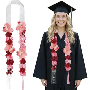 1 Pcs Graduation Lei 2026 Artificial Graduation Candy Lei Ribbon Phalaenopsis Flower Necklace Ending with Ribbons and Tassels for Gifts Party Accessories Ceremony 4.9 ft