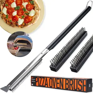 OUII 26'' Pizza Oven Brush with Stone Scraper - Includes 3 Brush Heads, Heat-Resistant Silver Stainless Steel Bristles - Long Grip Handle, Compatible with Ooni, Gozney, Blackstone, Solo Stove Ovens