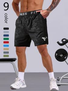 men's bull head print letter tape sports shorts, casual pocket sports shorts for summer, men sport & outdoor clothing, athletic wear shorts, casual athleisure shorts