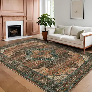 【GARVEE】Area Rugs 10x13 Large Machine Washable Oriental Carpet for Living Room, Non-Slip Vintage Floor Carpet, Stain-Resistant Soft Low Pile Distressed Accent Rugs for Bedroom, Brown