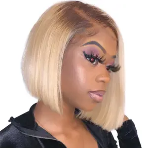 #T4/613 Straight Blonde Ombre Bob Wig with Dark Roots – 6x8 Lace Closure, Pre-Cut Lace, Drawstring, Ready to Go, Natural Look #Summervibes