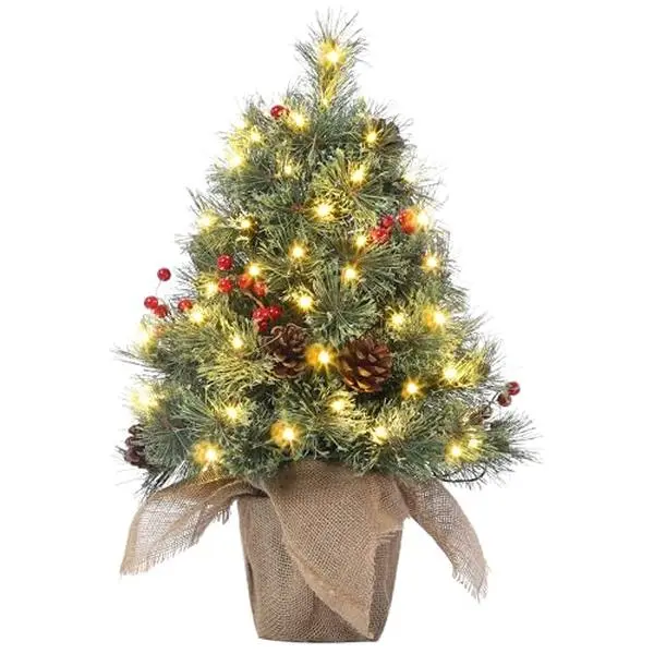 GARVEE 2ft and 3ft Pre-lit Tabletop Christmas Trees with LED Lights, Pine Cones, and Berries; Available in Green and White with Burlap Base, Battery Operated with Timer, Ideal for Holiday Decor