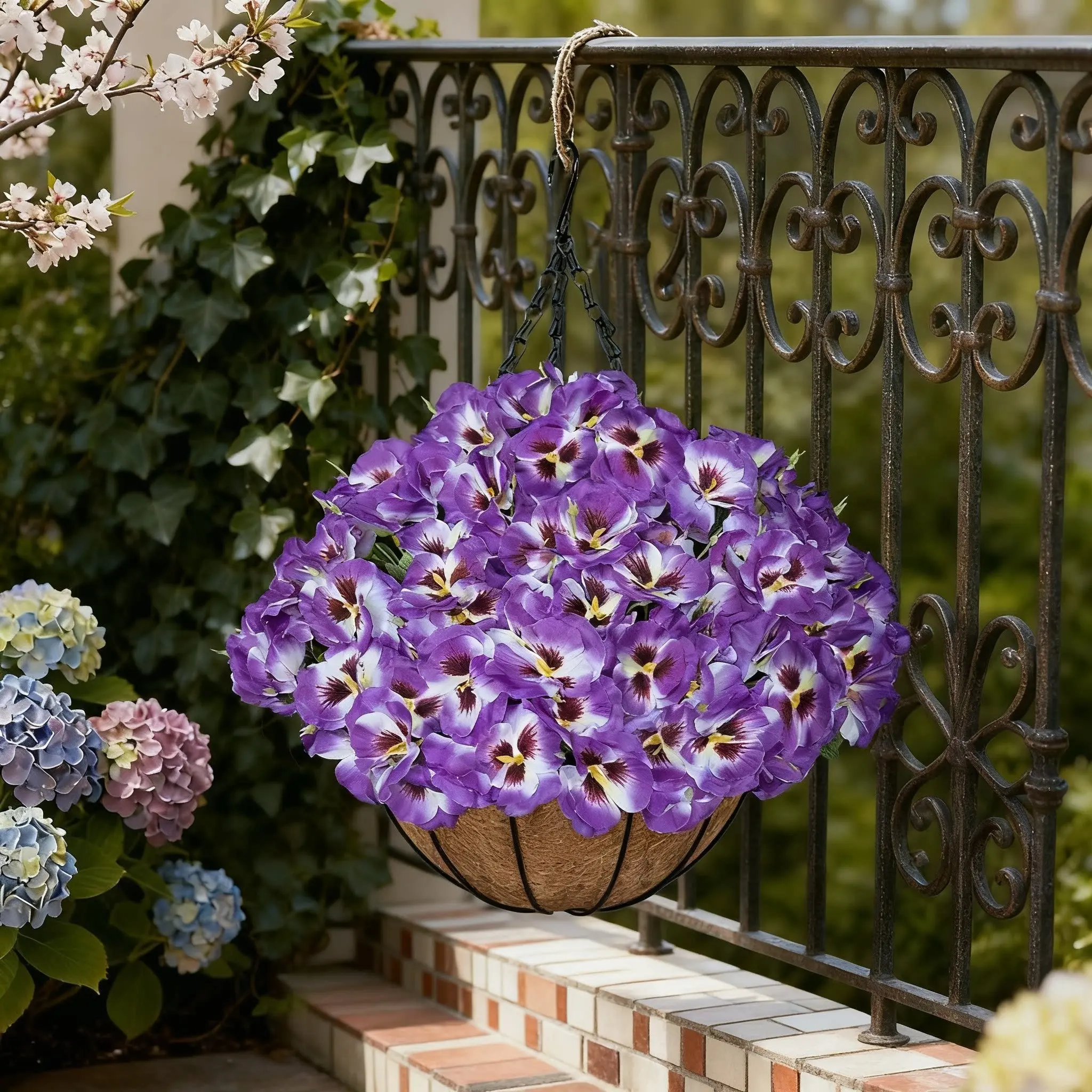 Spring Summer Artificial Hanging Flower Basket, Pansy & Phalaenopsis Orchid, UV Resistant Faux Floral Arrangement for Home Garden Balcony Porch Decor, Artificial Flower Decorations, Artificial Outdoor Plants