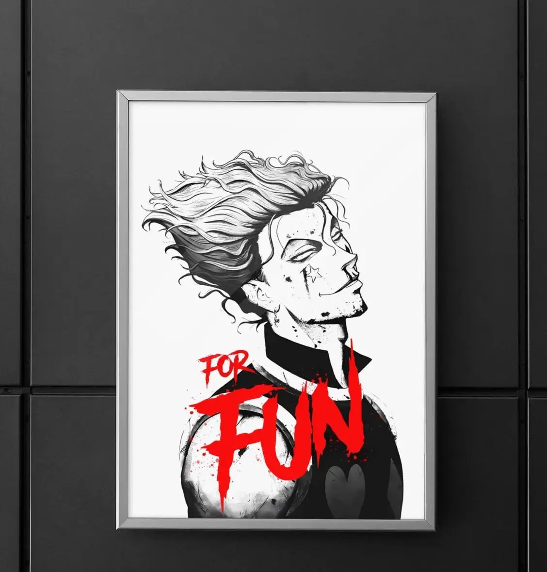 Hisoka Black White Red Wall Art, Hunter x Hunter Poster With Typography 'For Fun', Anime Bold Prints, Without Framed