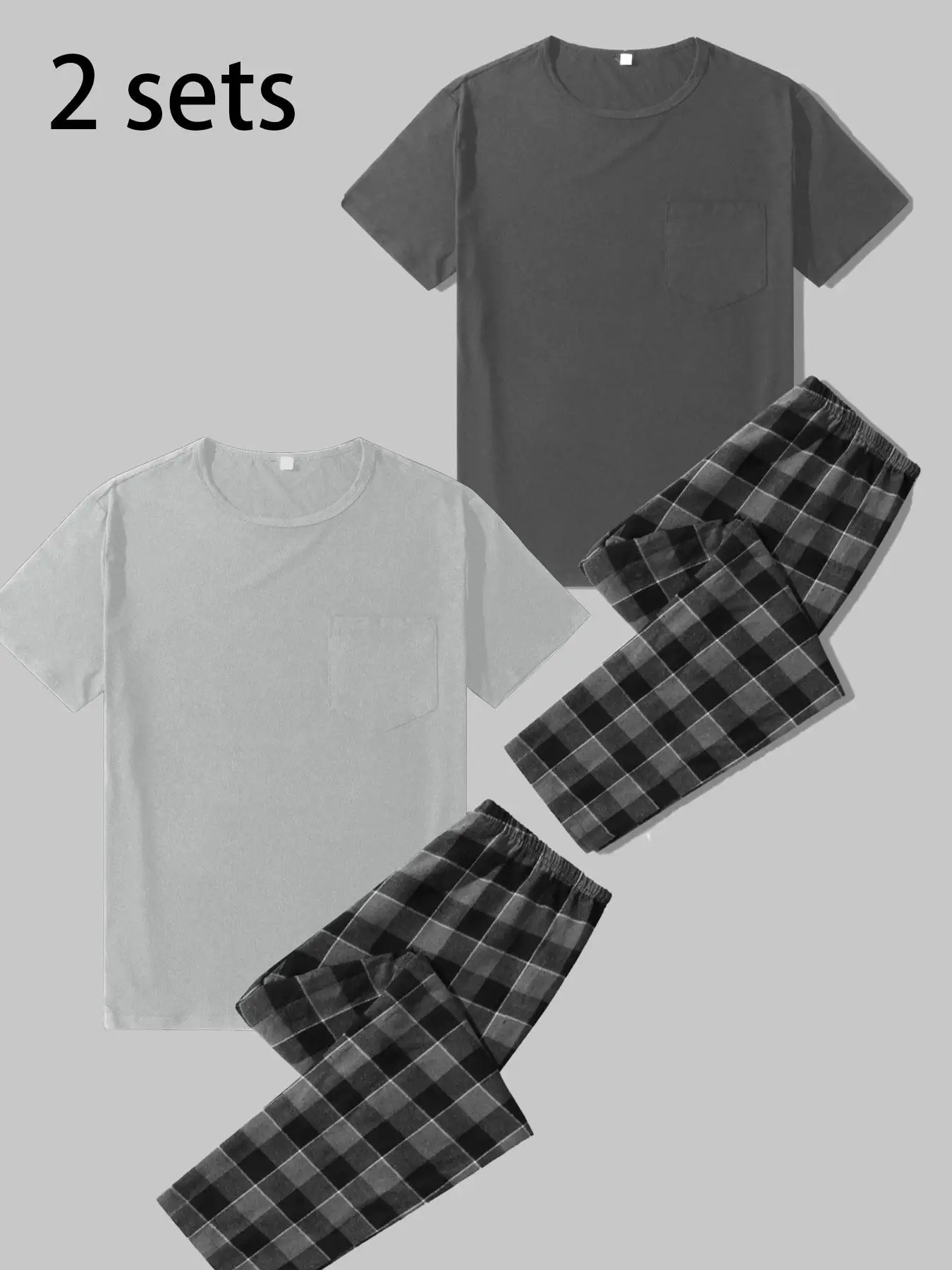 Men's Summer Casual Plaid Pajama Set, Round Neck Short Sleeve Pullover Shirt & Long Pants, Soft Comfortable Knitted Polyester Loungewear