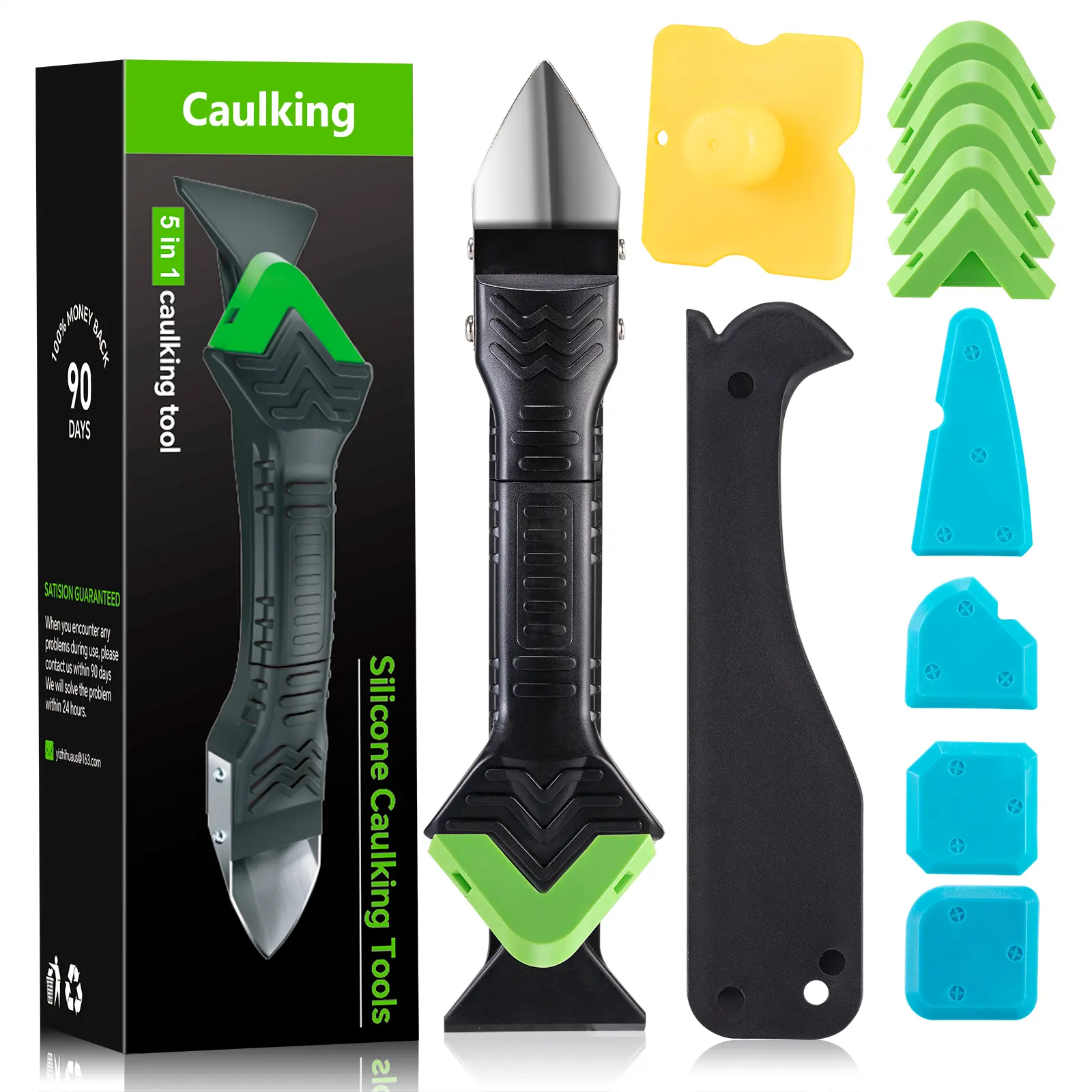 Caulking Tool 5 in 1, Caulk Remover & Silicone Sealant Finishing Kit with Grout Scraper and 6 Silicone Pads, Ideal for Kitchen, Bathroom, and Window Sealing