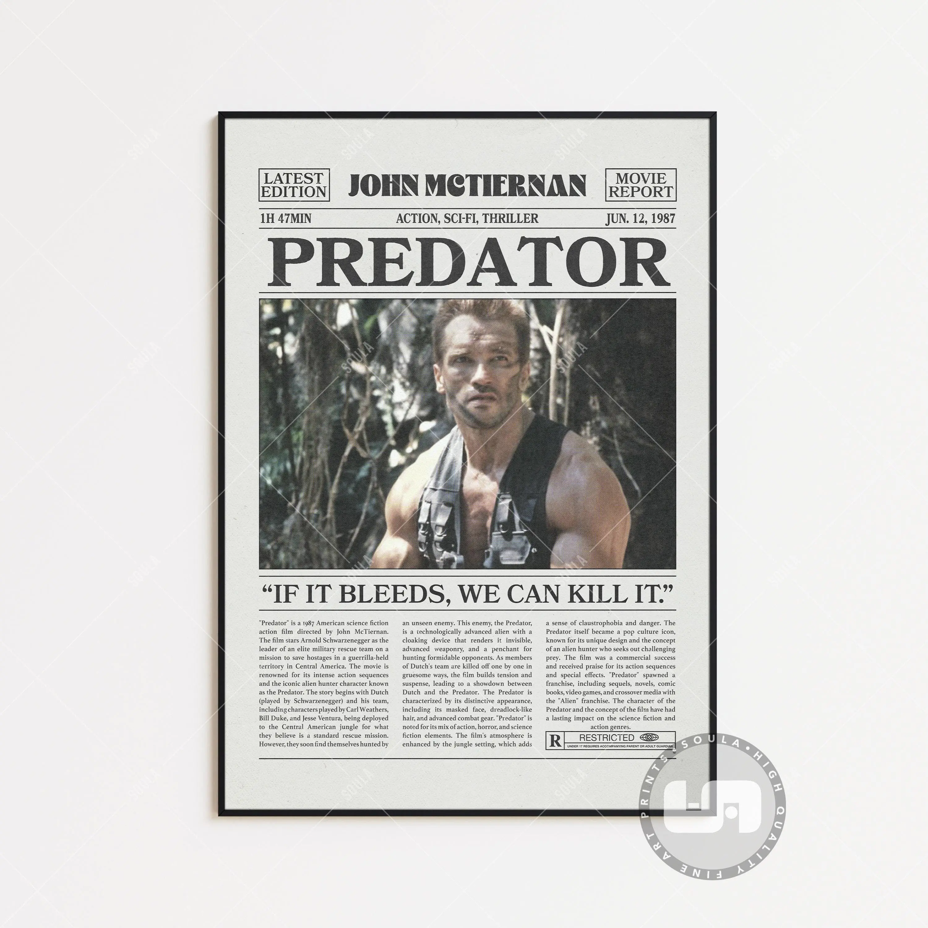 Predator, John McTiernan, Retro Newspaper Movie Poster No Frame, Black White Wall Art, Vintage Retro Art Print