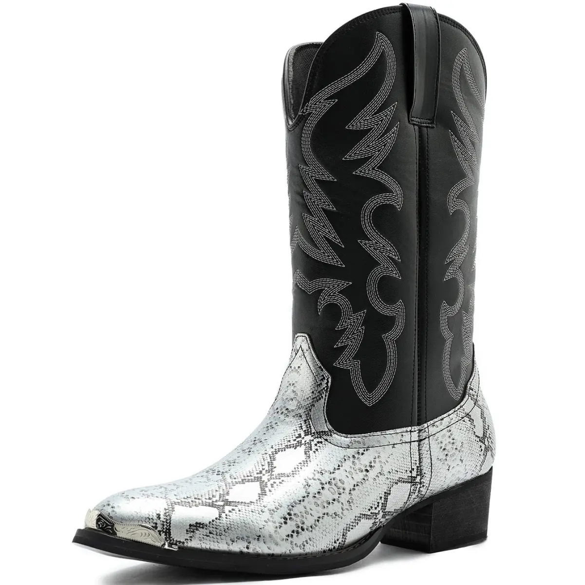 Zotixvox Men's Western Elegance Mid-Calf Cowboy Boots, Animal Print Faux Leather with Colorblock Embroidery and Pointed Metal Cuban Heel, Footwear, Design, Fabric, Renaissance