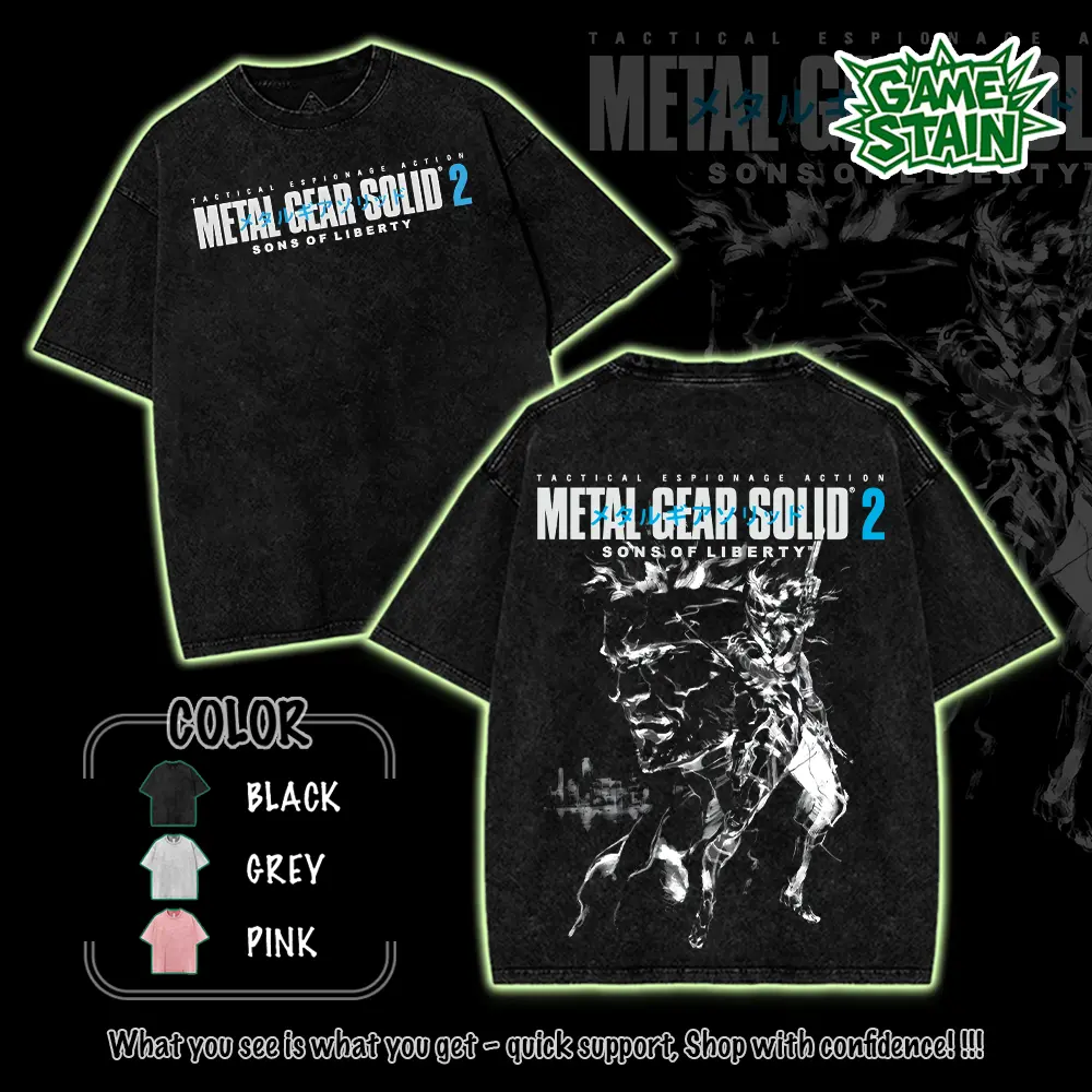 Metal Gear Solid 2 v2 Men's Washed Short Sleeved Top, Unisex Game Shirt, MGS Fan Gift, gamer gift Menswear Collar Cotton Fabric Tshirt Tropica streetwear graphic tee