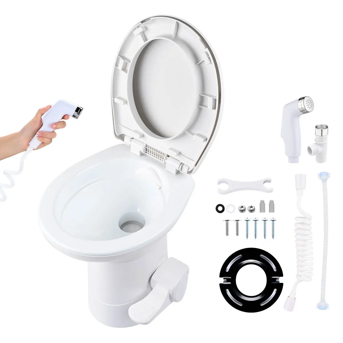 Yescom RV Camper Toilet Gravity Flush Enamel Elongated 20" High w/ Bidet Spray Caravan
