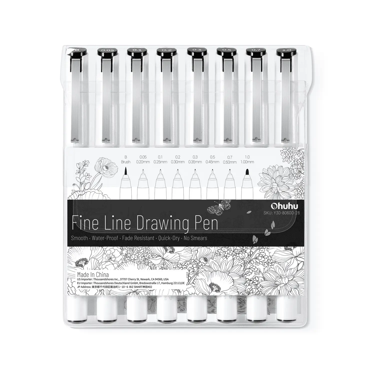 Ohuhu Micro Fineliner Pens: 8 Waterproof Black Ink Pens in Assorted Sizes for Drawing, Journaling, Sketching, Anime, Manga & Watercolor Art
