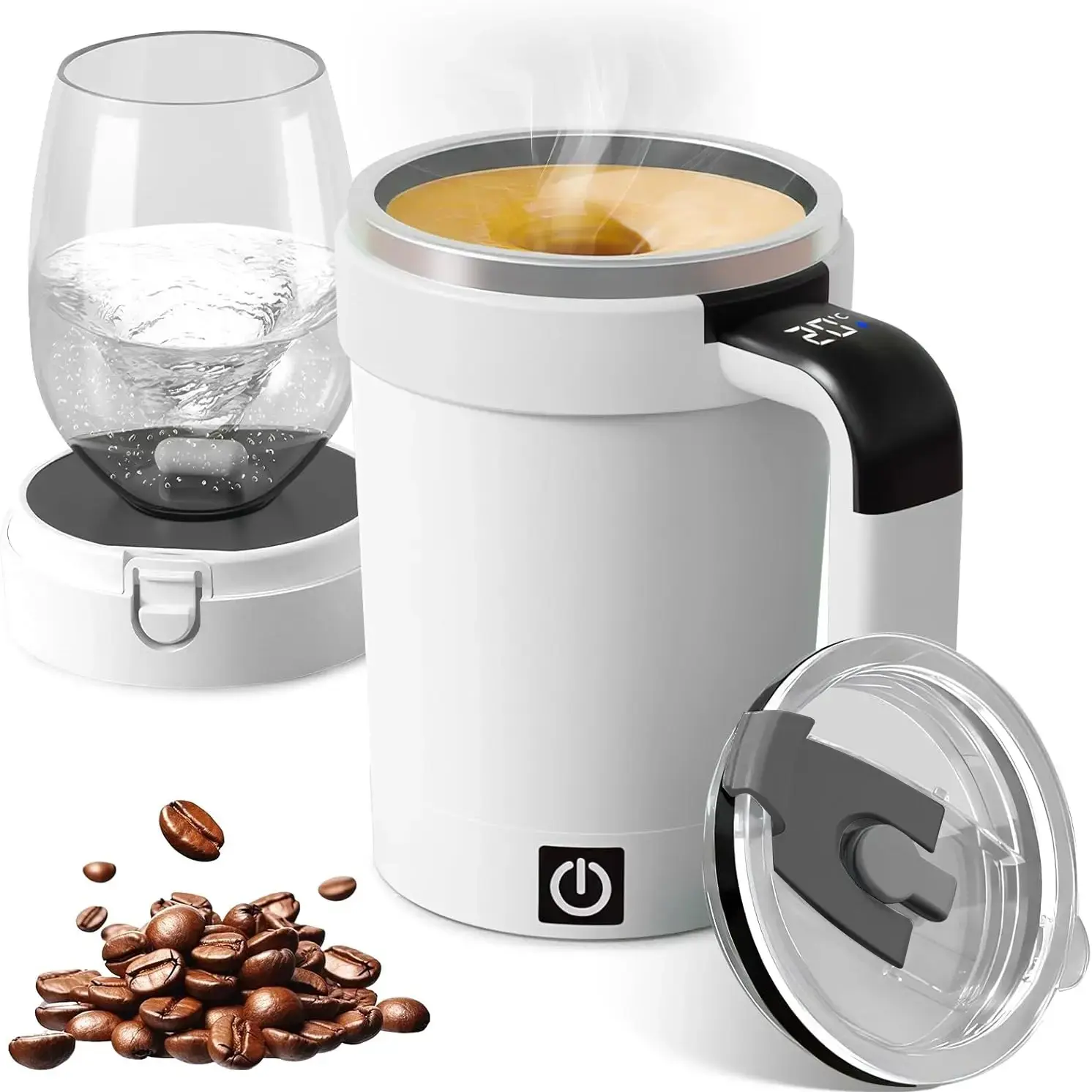 Automatic Stirring Coffee Cup, Rechargeable Automatic Magnetic Stirring Cup with Temperature Display, Drinking Cup Lid with Straw, Suitable for Coffee, Tea and Hot Chocolate, Stirring Mug, Self Stirring Coffee Mug