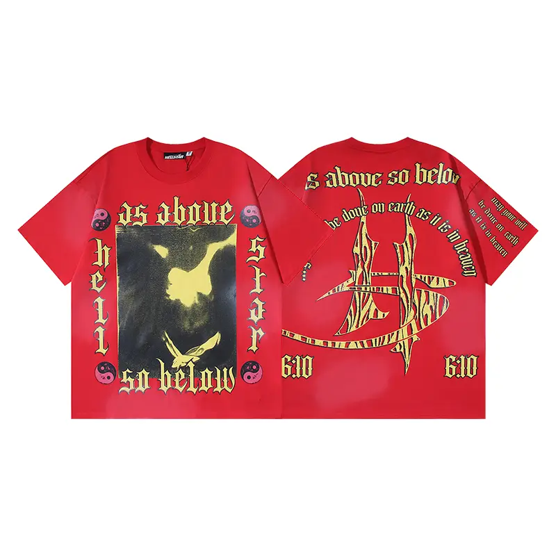 Hellstar As Above So Below Red Graphic T-Shirt, Gothic Mirror Figure Front and Tribal Sigil Back Print, Heavy Cotton Oversized Tee for Men Women, Occult Y2K Streetwear Fashion Accessories