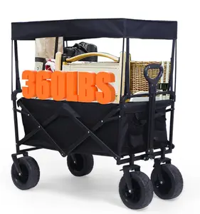 Heavy Duty Wagon, Collapsible Wagon with Canopy, Black, Steel, 4 Wheels, 33 x 22.4 x 7.6 inches