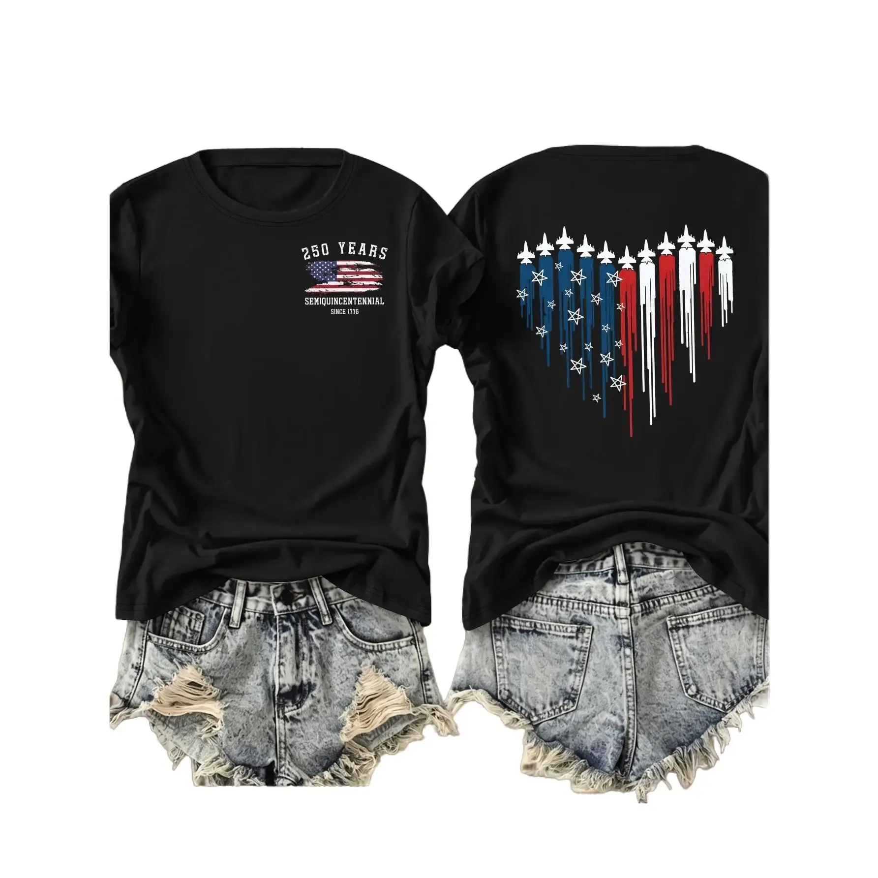 Women's USA 250 Years Semiquincentennial Jet Aircraft T-Shirt - Double-Sided Jet Graphic Print, Short Sleeve Crew Neck Casual Top, Suitable for Birthdays, Holidays & Casual Attire, Machine Washable Gift Apparel Fit Breathable