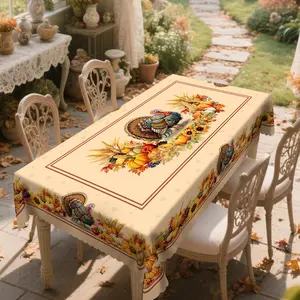 1pc Autumn Thanksgiving Polyester Tablecloth with Turkey, Pumpkin, and Sunflower Design, Rectangular and Round Autumn Harvest Tablecloth, Thanksgiving Gift, Suitable for Autumn, Indoor/Outdoor, Camping and Picnic Decoration
