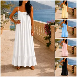 Women’s Flowy Maxi Dress, Sleeveless Tie Shoulder Summer Dress, Relaxed Fit Beach Vacation Sundress with Ruffle Hem