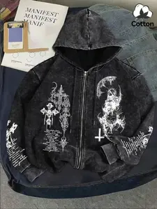 Men's Gothic Graphic Zipper Hoodie Long Sleeve Sweatshirts, Wash Base with Cross Moon Print, Casual Oversized Aesthetic Style for Campus and Night Out, Menswear