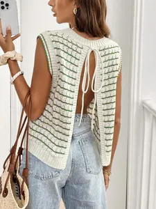 Women's Casual Loose-Fitting Striped Sleeveless Sweater Vest Top, Spring/summer Round Neck for Daily and Vacation Wear, Lady, Womenswear, Knit Vest Tops
