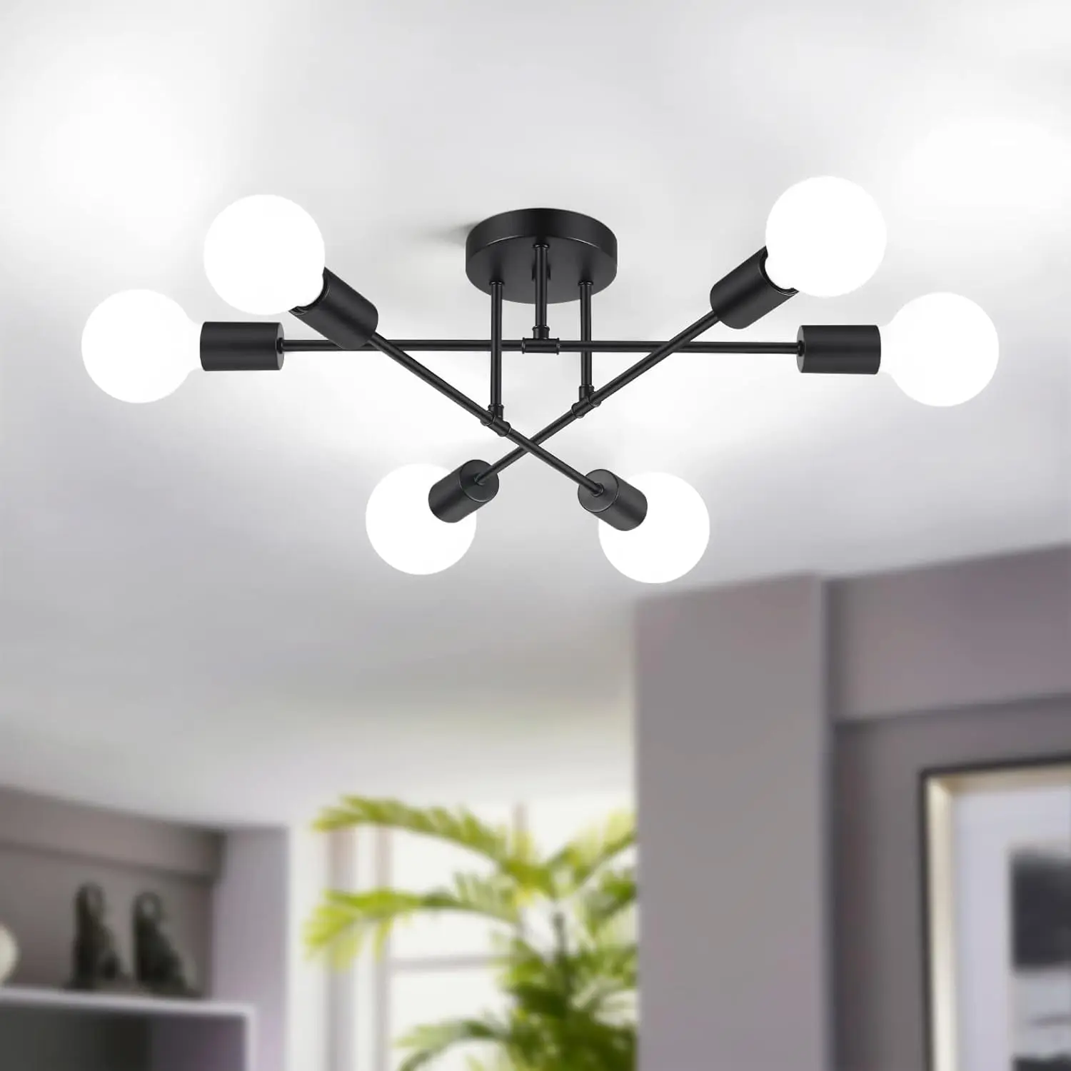 2026 Modern Chandelier Lamps Sputnik 6-Light Industrial Ceiling Fixture22 Inches  Black Semi-Recessed Ceiling Light with E26 Base Sputnik Fixture Suitable For Dining Rooms Bedrooms Foyers Hallways and Living Rooms Bulbs Need Purchased lights summervibes