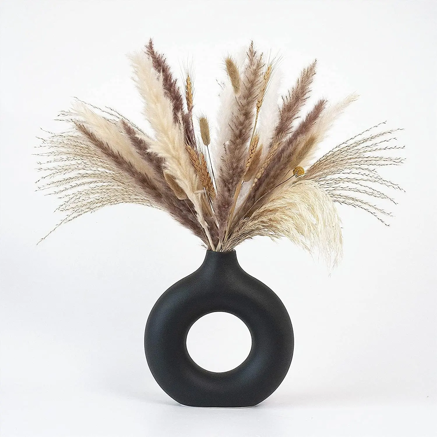 Handmade Matt Black Donut Hollow Porcelain Vase - Minimalist Boho Decorative Vase, Medium Size for Living Room, Wedding Dinner Table Home Decor Gift