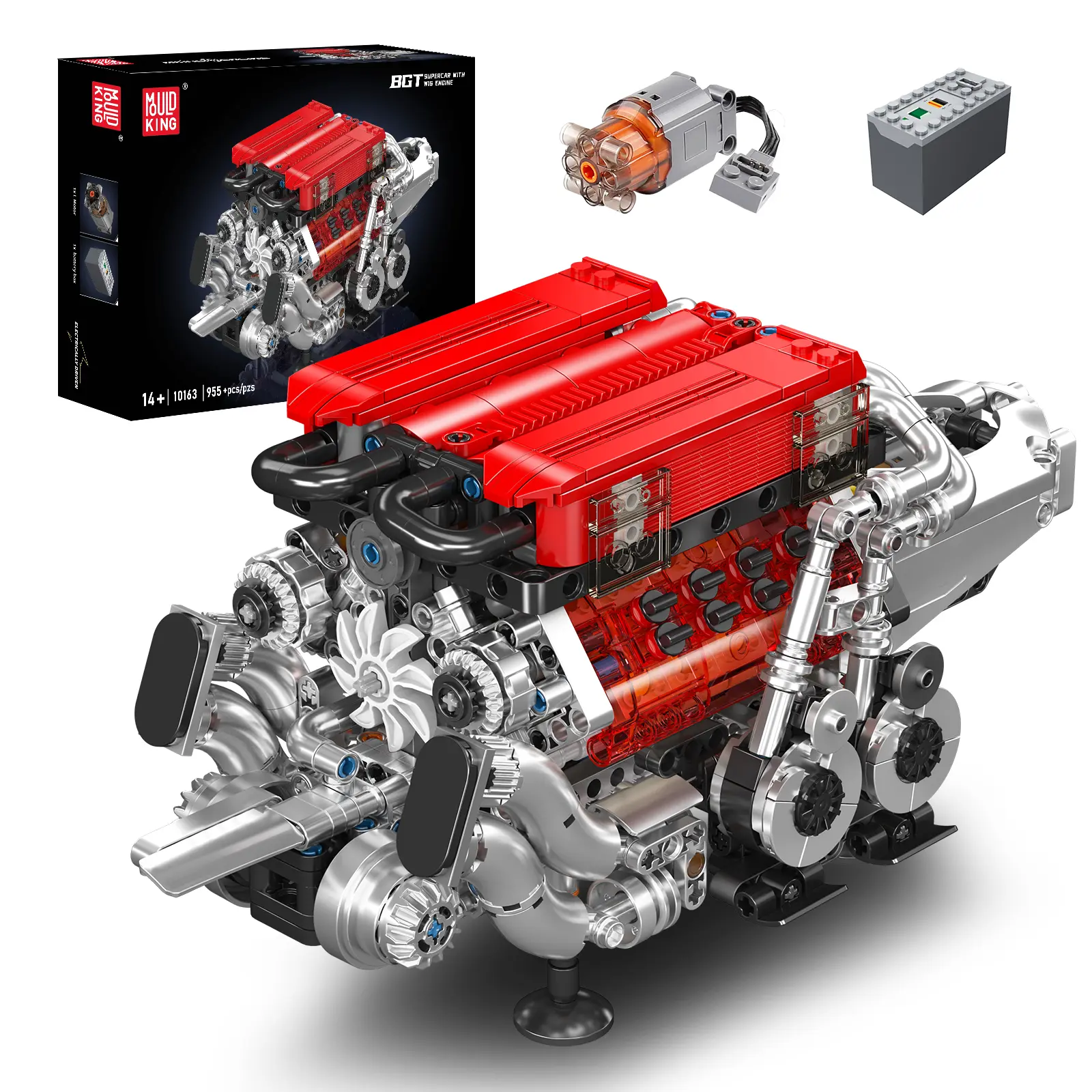 Mould King 10163 Red W16 Engine Plastic Building Blocks Model Car Kit, 955-Piece Unisex Engine Theme STEM DIY Assembly Set, Ages 12+ Collectible Toy (11.9x5.9x5.8in, Valentine's Day Gift)