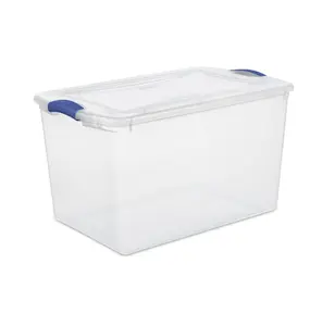 Sterilite 66 Quart Large Latching Storage Bin, Clear Plastic Storage Container with Latch Lid, Blue