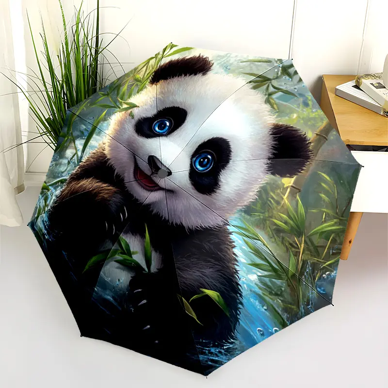1 PC Automatic Folding Umbrella - Panda Bear Bamboo Water Pattern, Portable & Foldable Design with 8 Ribs, Merry Christmas Pattern,Casual Outdoor Accessory Halloween and Christmas Birthday Gifts. D00178