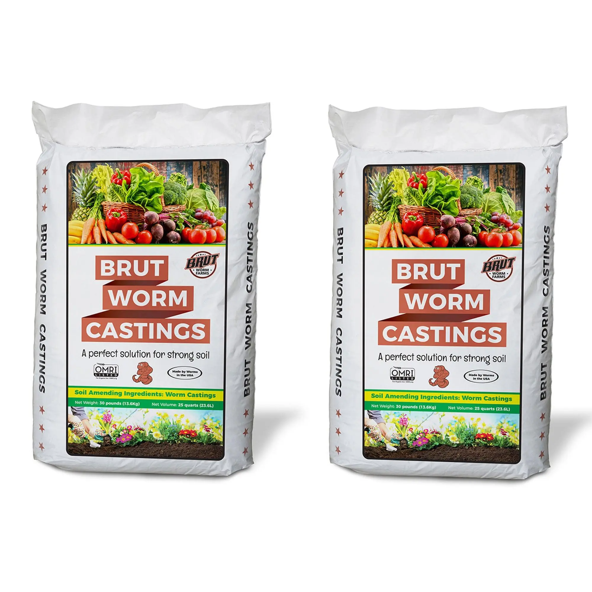 Brut Worm Farms Organic Worm Castings Soil Builder, 30 Pound Bag (2 Pack)