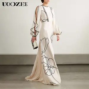 UOOZEE 2026 Autumn New Feminine Women's Polyester-Spandex Ruffled Sleeve Maxi Dress - Line Art Floral Print, Round Neck, High Waist, Pleated, Cocktail Evening Gown, Cropped Blazer Pairing Piece, 1 Size Up for C-Cup+ (Elegance Focus, Seamless Details Note)