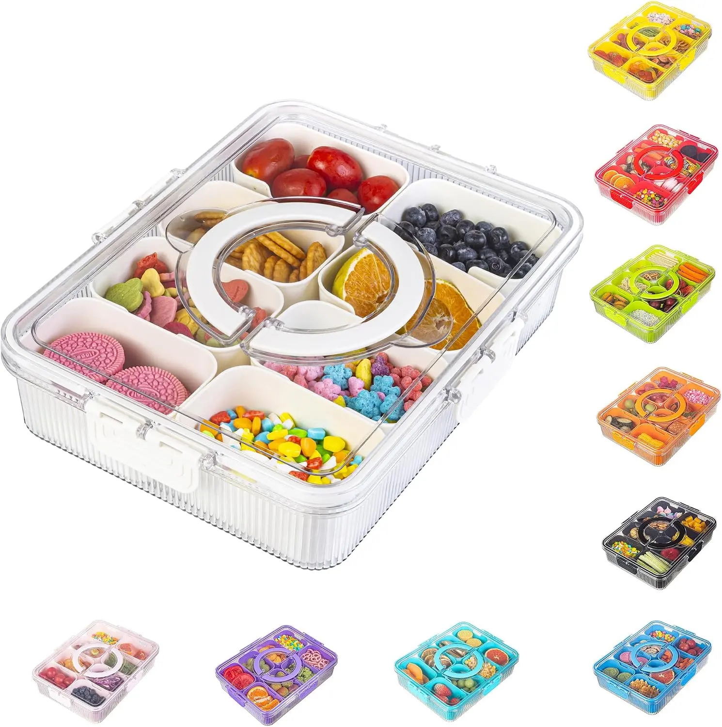 Design Ribbed 8-Divider Snackle Box Container with Lid and Handle, Portable Divided Serving Tray for Travel, Beach, Charcuterie, 1 Pack