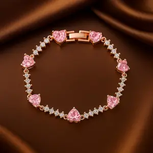 Sparkling Pink Zirconia Heart Bracelet - Minimalist Copper Chain Wristband