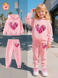 Girls' Fall Winter Hooded Sweatshirt Jogger Set, Sequins Heart Design, Soft Plush Warm Fashion Casual for Kids, Cute Clothing Set
