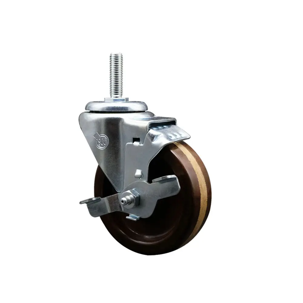 Service Caster SCC-TS20S414-PHSHT-TLB-34212 Industrial High Temperature Phenolic Swivel Threaded Stem Caster, Furniture Moving Wheel, 4x1.25in Brown Wheel, 0.75in Stem, Top Locking Brake, 300lbs Load Capacity, for Bakery Racks & Equipment