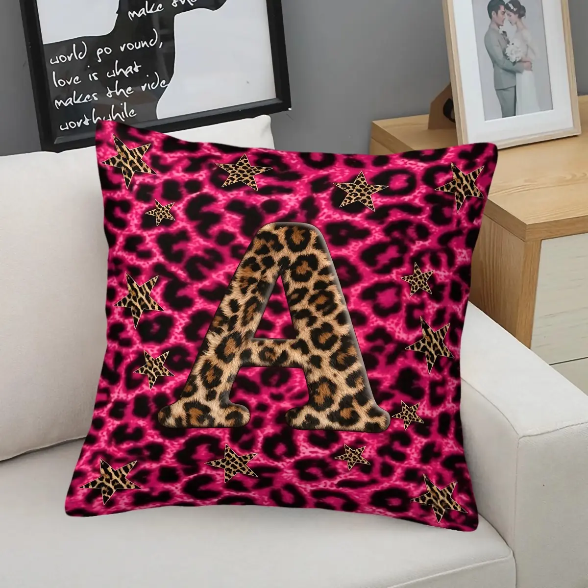Pink Leopard Print Throw Pillow (A–Z Letter Print, Includes Pillow Insert) — Personalized Monogram Cushion With Star & Leopard Accents. Soft and Comfortable to the Touch; A Unique Gift Suitable for Bedrooms, Living Rooms, Beds, and Sofas.