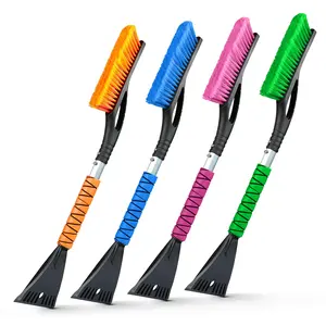 EcoNour 27" Aluminum Snow Brush 4 Pack with Ice Scrapers for Car Windshield and Window Ergonomic Foam Grip Winter Accessories Orange Pink Green Blue, Vibrant, Colorful