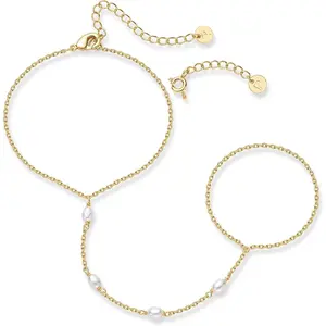 14K Gold Plated Hand Chains for Women - Adjustable Hand Chain Bracelet and Ring - Trendy Gold Handchain Bracelet Stack Summer Jewelry - Beads, Pearl, and Cubic Zirconia Body Jewelry