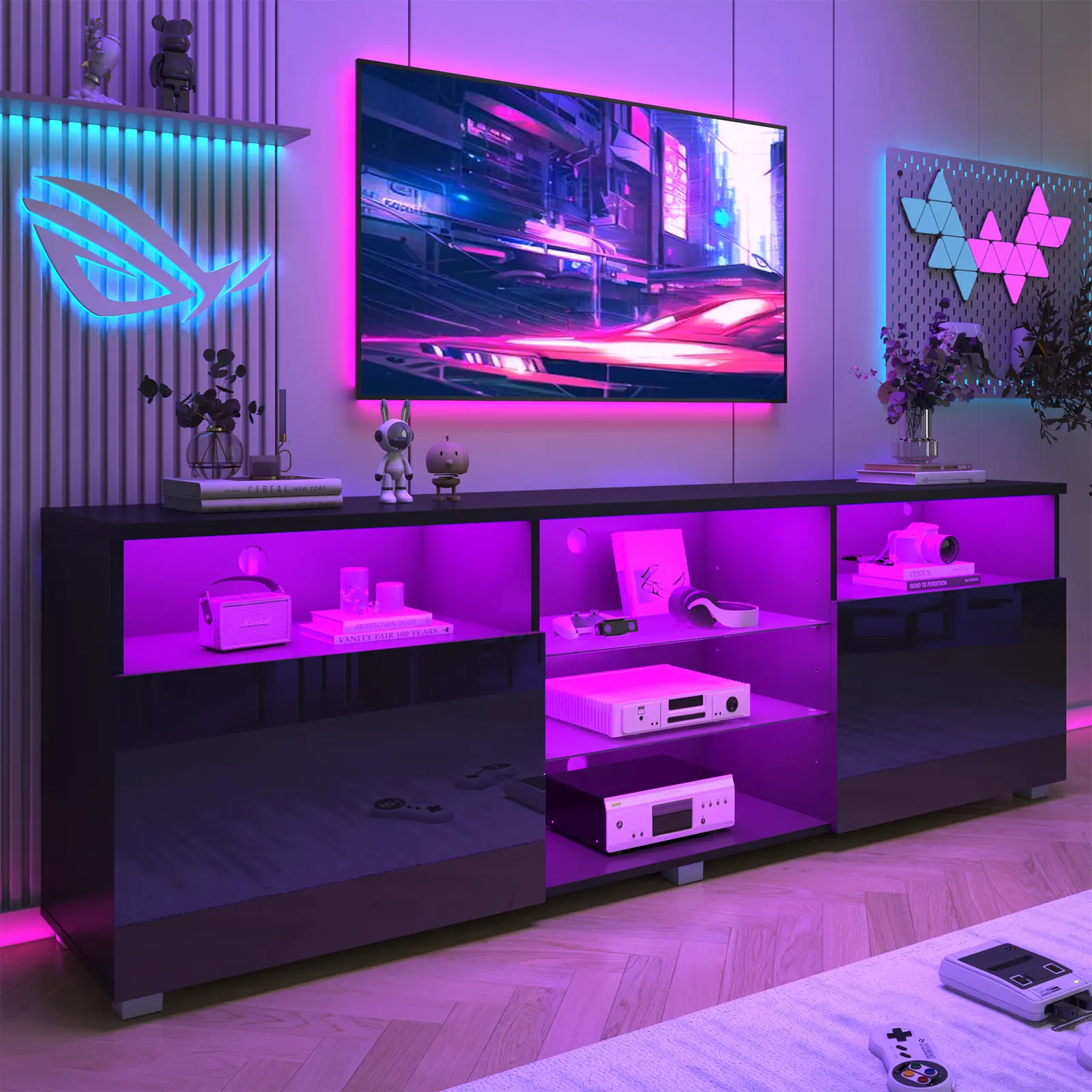 Modern LED 57/65/71/80.7/86.6in TV Stand for 55/60/65/70/75/80/85/90/95 inch TV,High Glossy TV Entertainment Center with Storage Drawer,TV Stands for Living Room,APP RGB Light,Smart Modern TV Cabinet (Black/White Marble/Black Marble)