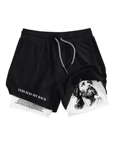 Jesus Graphic Print 2-in-1 Workout Running Shorts for Men, Streetwear Sports Shorts, Athletic Shorts, Summer Quick-Dry Breathable Gym Performance Shorts with Phone Pocket Towel Loop, Active Wear