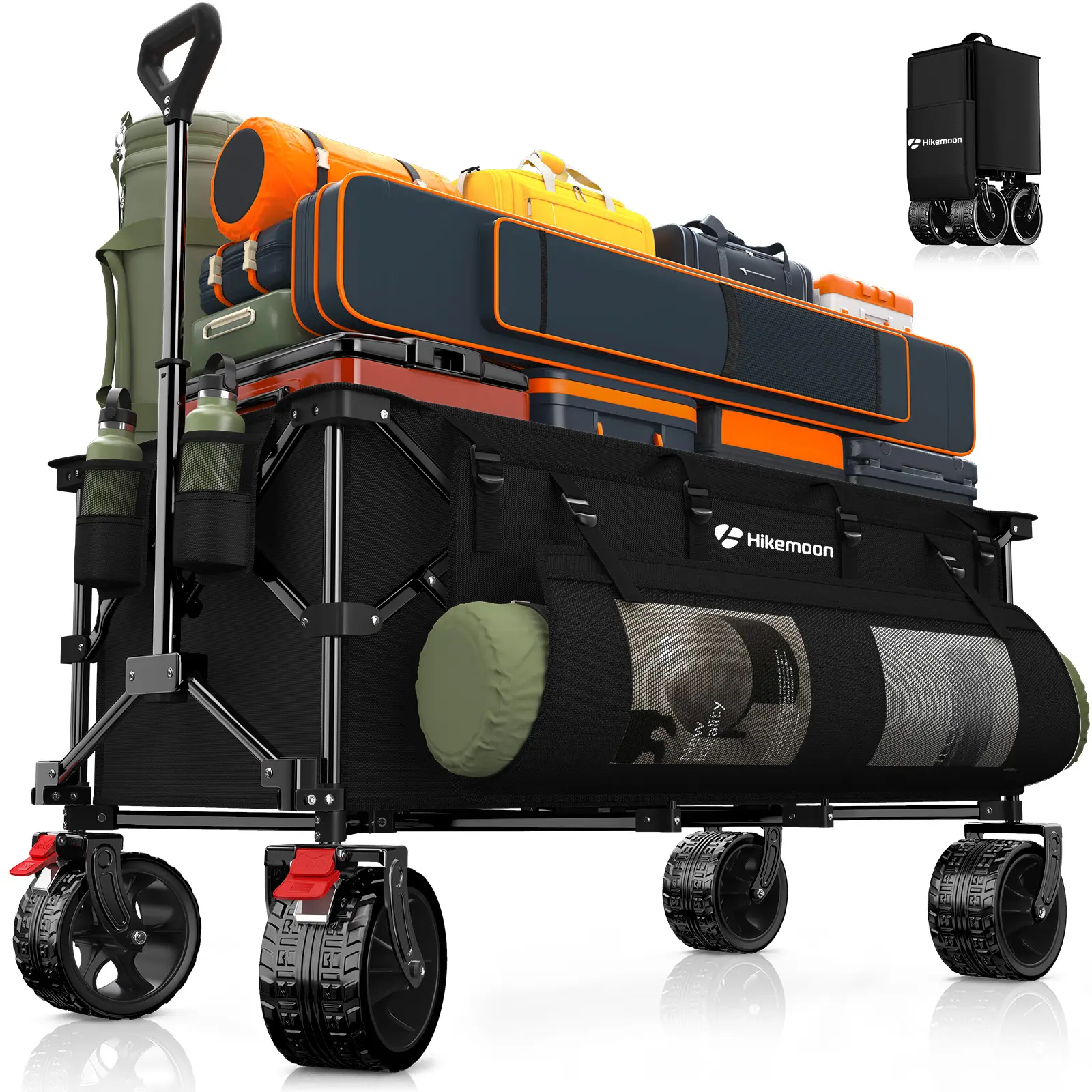 Hikemoon Heavy-Duty Collapsible Utility Outdoor Wagon Cart, 560 lbs Capacity, 400L Volume, Brakes, Flexible Handle, All-Terrain Big Wheels, Compact Pack & Foldable Wagon for Shopping, Camping, Garden, Shopping Cart Foldable, push carts