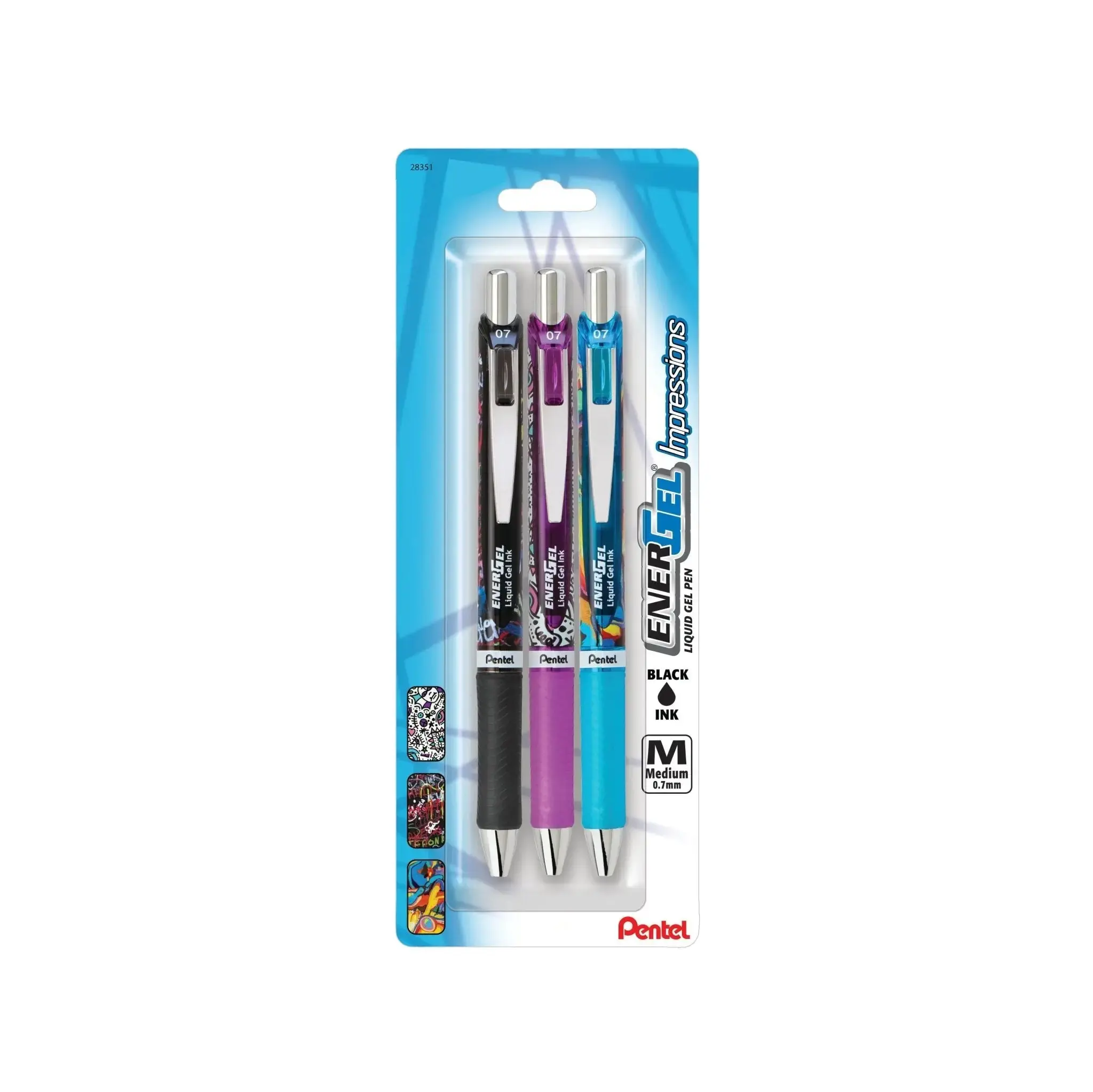 EnerGel RTX Impressions Gel Pen Set, 0.7mm Medium Width, Assorted Barrels, Black Ink, Metal Tip, Gift Pen, Refill Sizes Available, 3-Pk