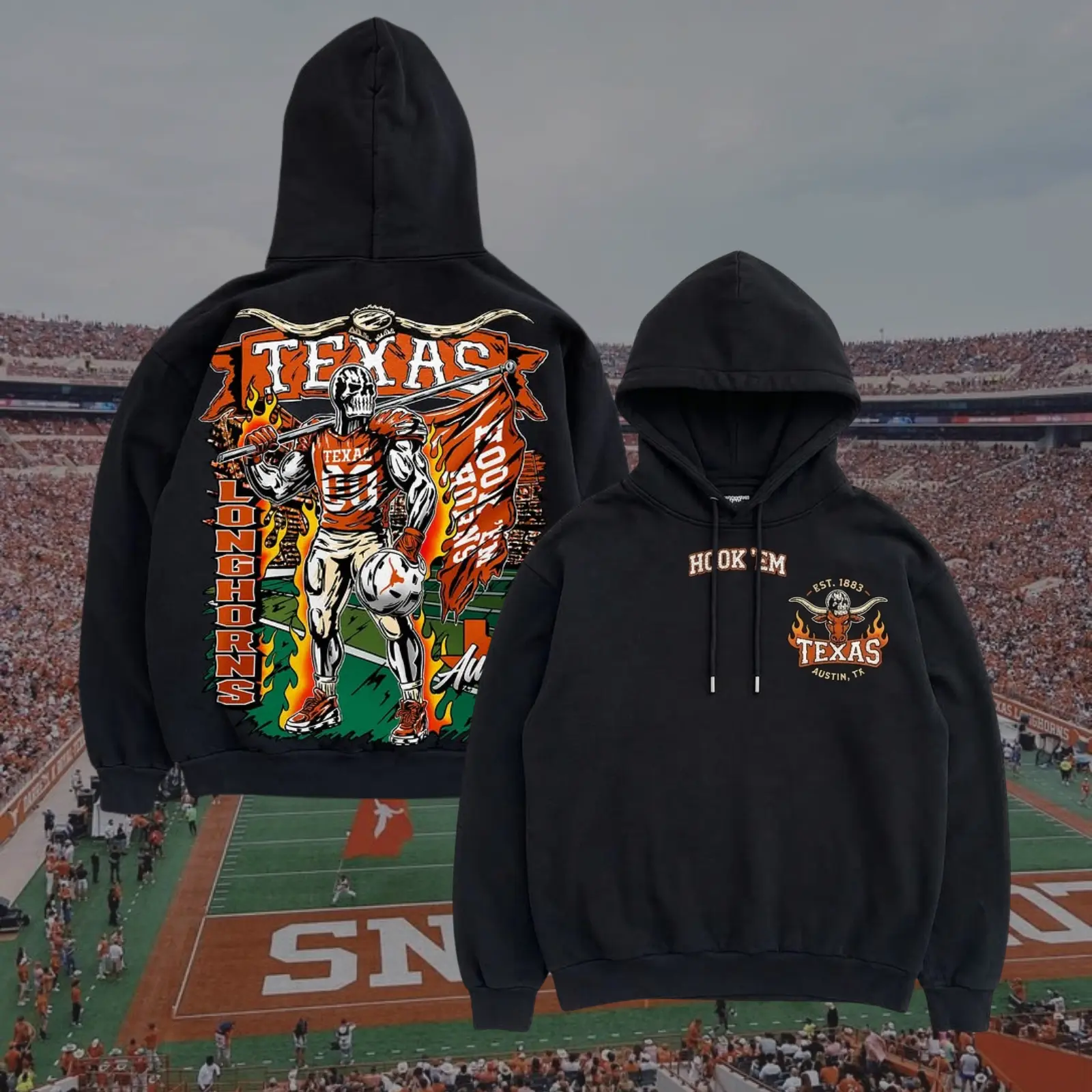 Vintage Texas L0ngh0rns Skull Hoodie, Grunge Style College Football Merch, Shirt for Football Fans, Trending Us Streetwear, Viral on Tiktok, Y2k Style Menswear Long Sleeve Pullover