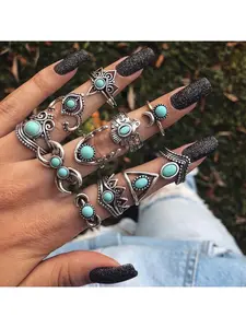 11-Piece Turquoise Ring Set for Women Crown Design European American Style Trendy Exquisite Personality Daily Wear Party Accessories